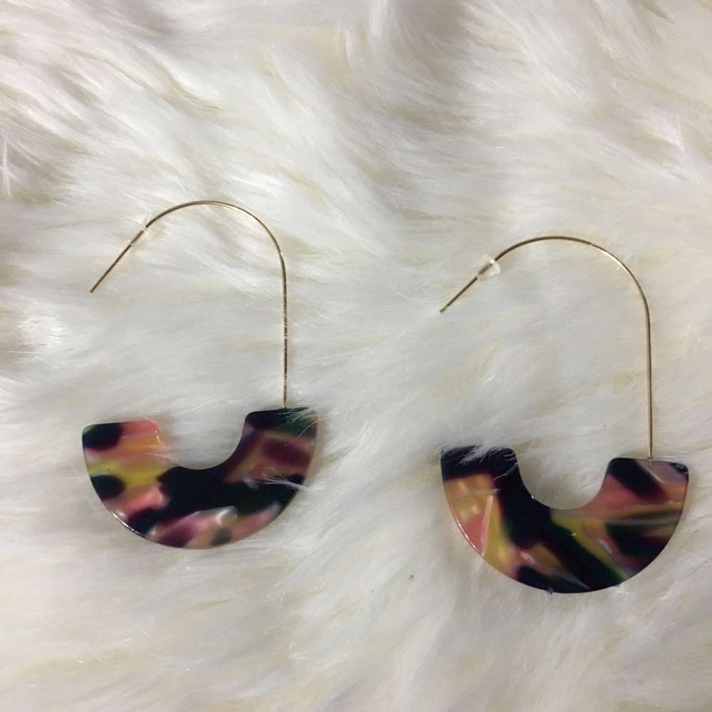 Acrylic Wire Hoop Drop Earrings Blue Swirls - Picture 2 of 3
